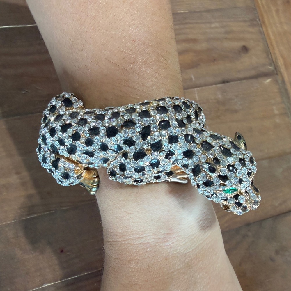 Natasha Rhinestone Leopard Panther Hinged Cuff Bracelet Green Eye Statement Glam